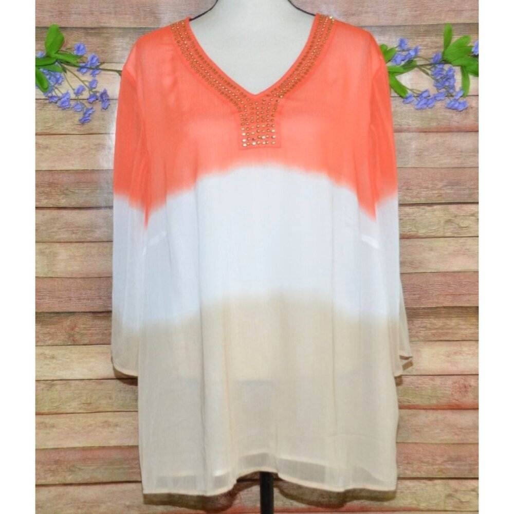 ALFRED DUNNER Peach & Tan Ombre Tunic Blouse Top Studded V-Neck Size 20W Office